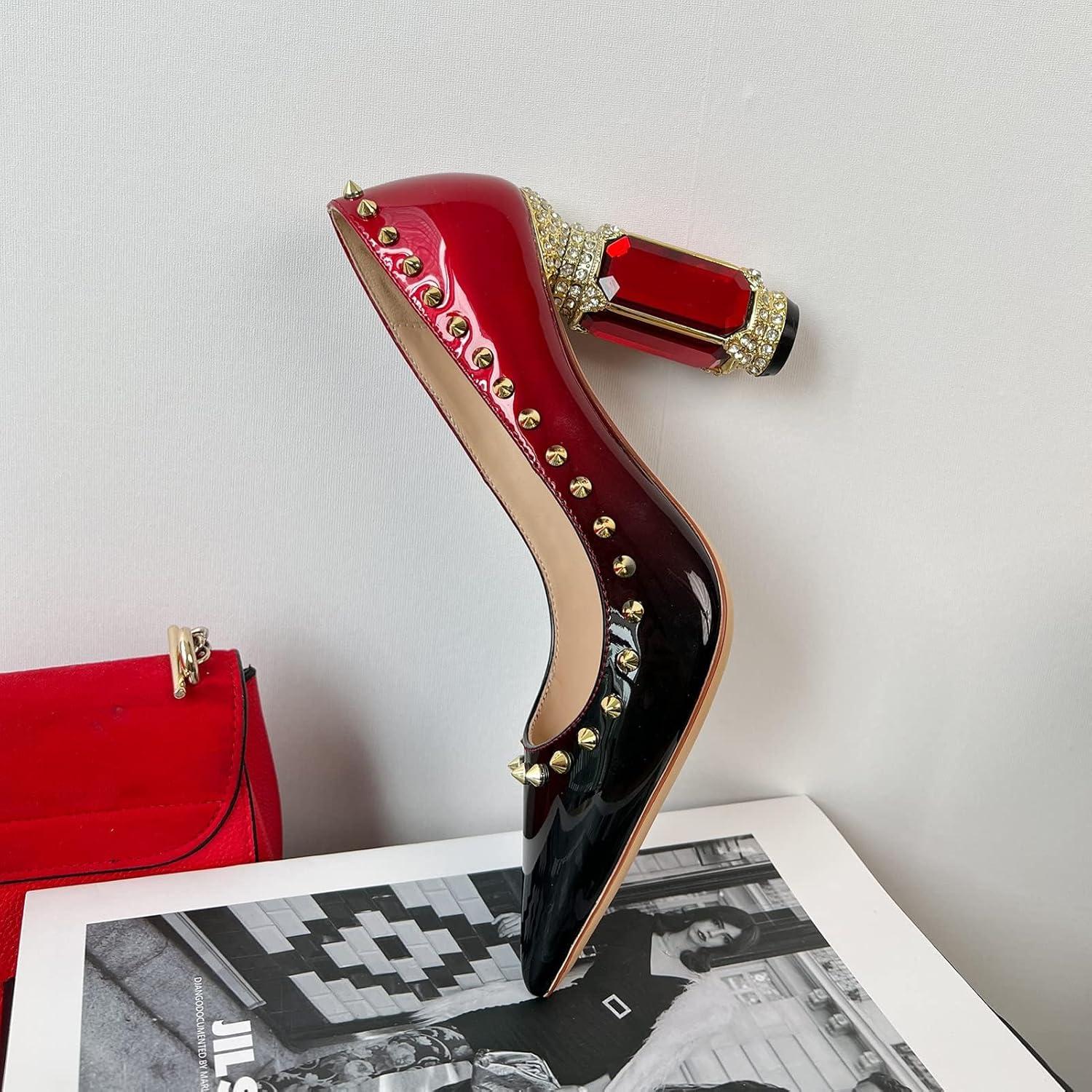 imageFSJ Women Bridal Pointed Toe Chunky Block High Heel Crystal Pumps Slip on Wedding Thick Comfort Evening Dress Studded Rivets ShoesRed Gradient