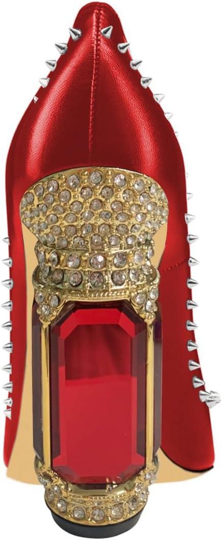 imageFSJ Women Bridal Pointed Toe Chunky Block High Heel Crystal Pumps Slip on Wedding Thick Comfort Evening Dress Studded Rivets ShoesRed Matte Leather