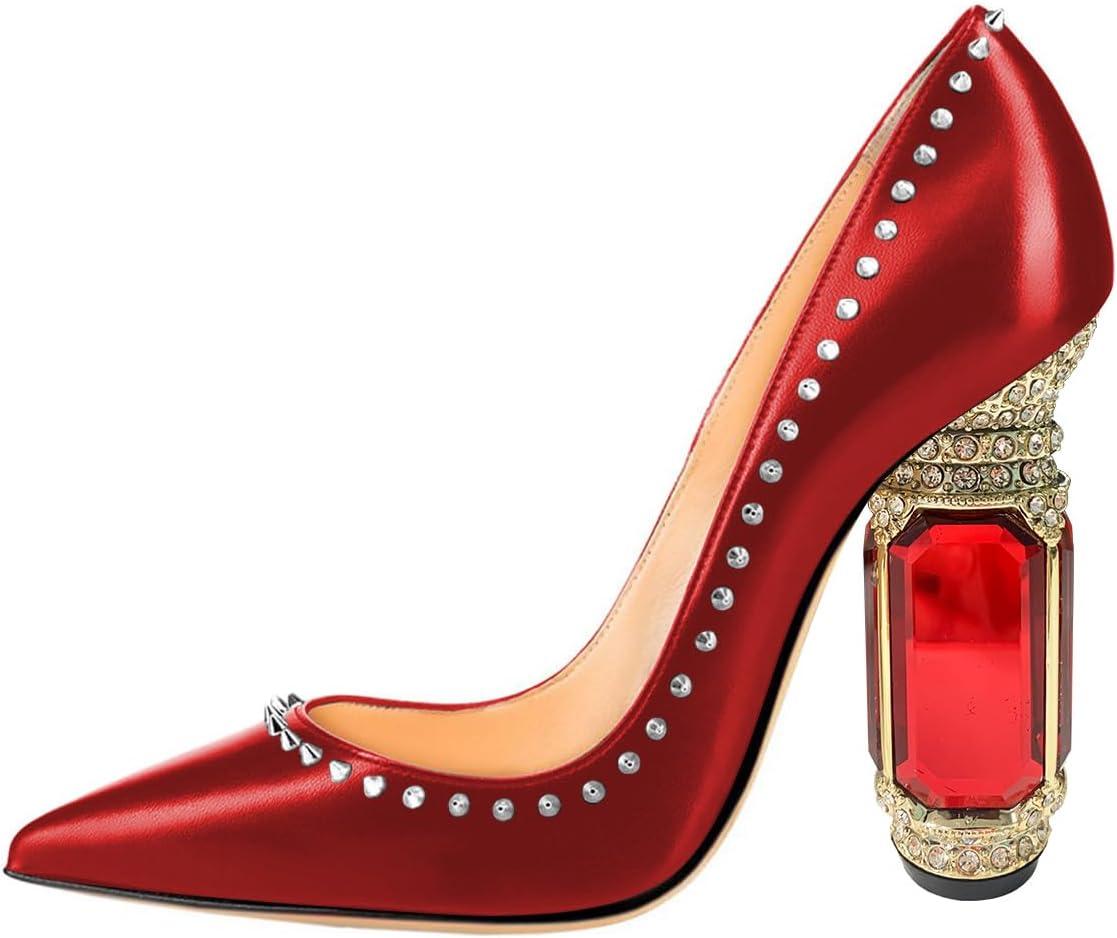 imageFSJ Women Bridal Pointed Toe Chunky Block High Heel Crystal Pumps Slip on Wedding Thick Comfort Evening Dress Studded Rivets ShoesRed Matte Leather
