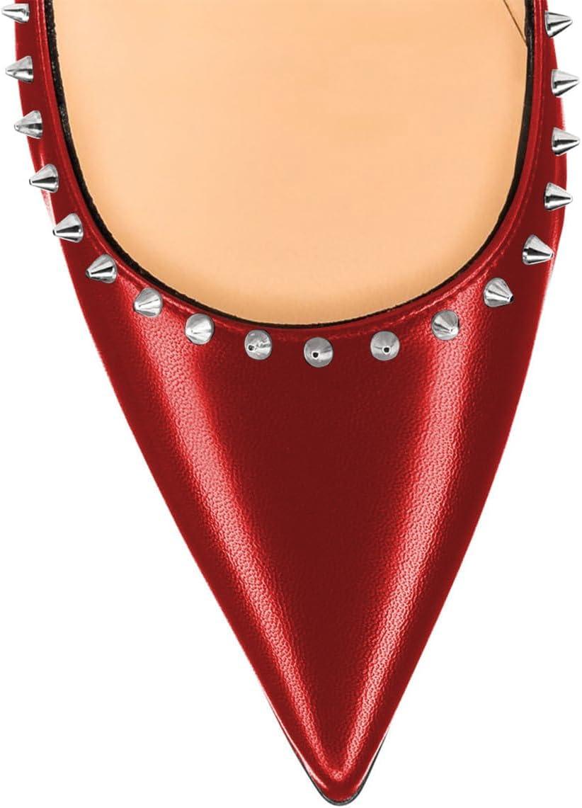 imageFSJ Women Bridal Pointed Toe Chunky Block High Heel Crystal Pumps Slip on Wedding Thick Comfort Evening Dress Studded Rivets ShoesRed Matte Leather