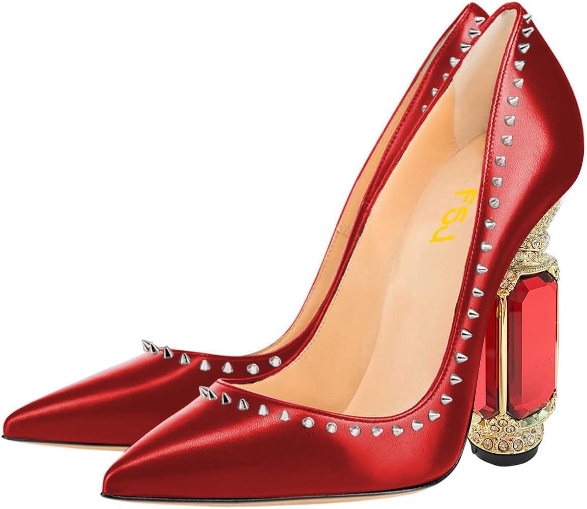 imageFSJ Women Bridal Pointed Toe Chunky Block High Heel Crystal Pumps Slip on Wedding Thick Comfort Evening Dress Studded Rivets ShoesRed Matte Leather