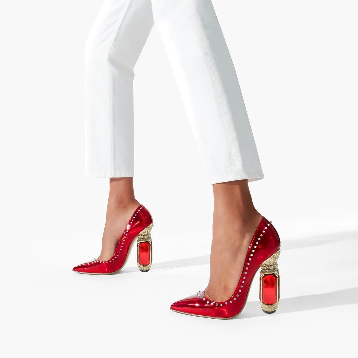 imageFSJ Women Bridal Pointed Toe Chunky Block High Heel Crystal Pumps Slip on Wedding Thick Comfort Evening Dress Studded Rivets ShoesRed Mirror