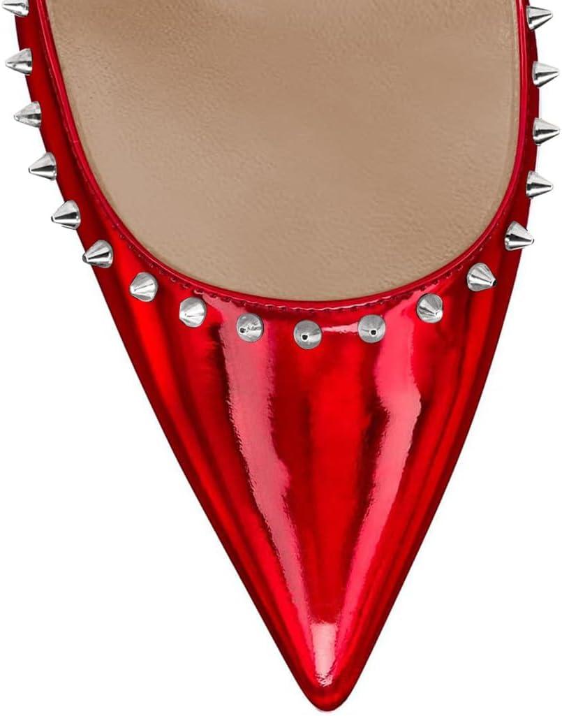 imageFSJ Women Bridal Pointed Toe Chunky Block High Heel Crystal Pumps Slip on Wedding Thick Comfort Evening Dress Studded Rivets ShoesRed Mirror