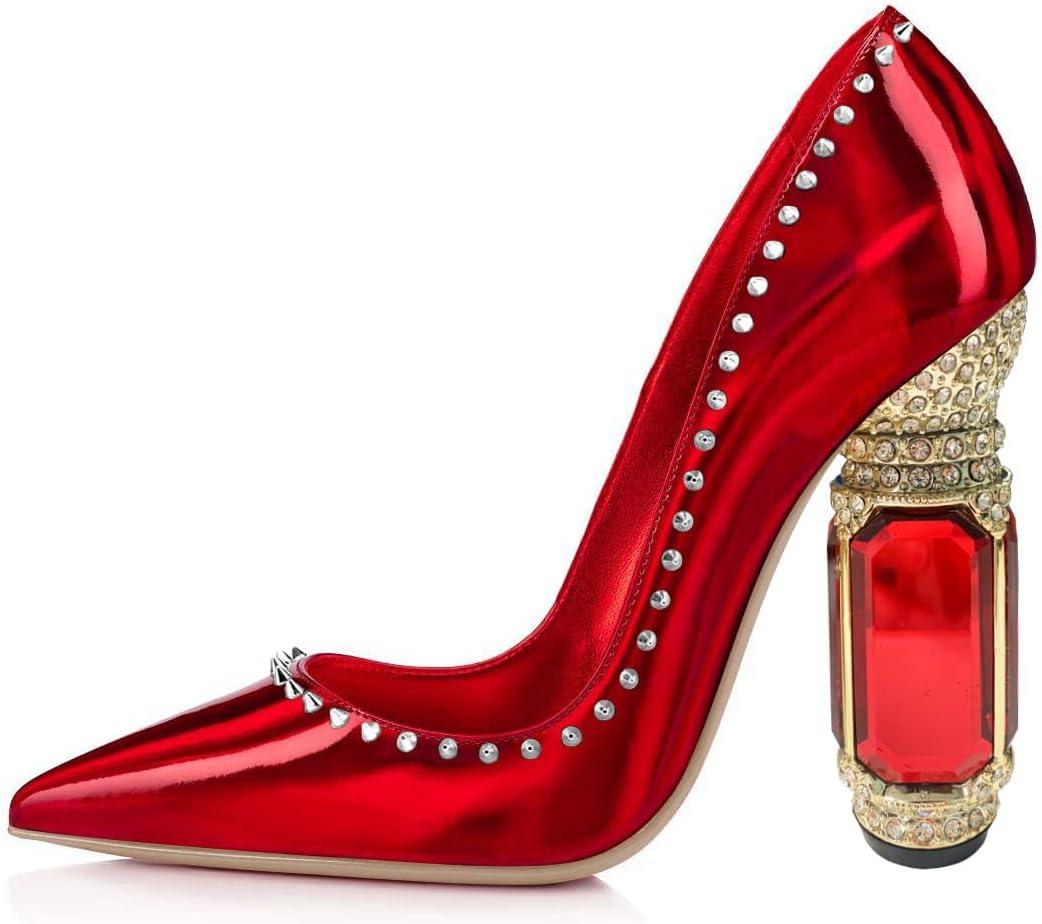 imageFSJ Women Bridal Pointed Toe Chunky Block High Heel Crystal Pumps Slip on Wedding Thick Comfort Evening Dress Studded Rivets ShoesRed Mirror