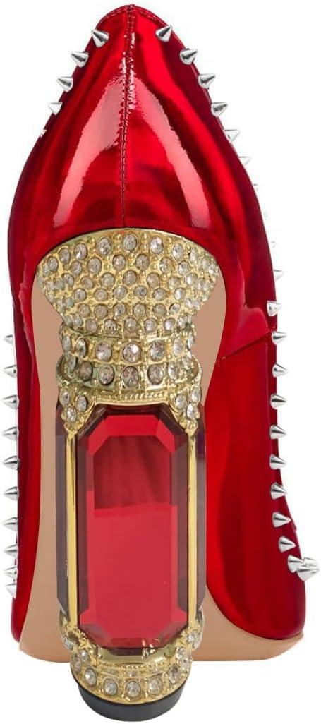 imageFSJ Women Bridal Pointed Toe Chunky Block High Heel Crystal Pumps Slip on Wedding Thick Comfort Evening Dress Studded Rivets ShoesRed Mirror