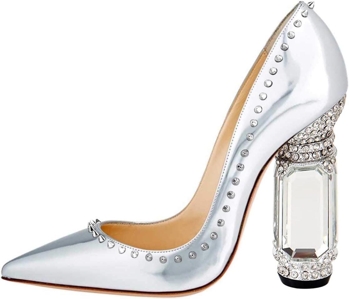 imageFSJ Women Bridal Pointed Toe Chunky Block High Heel Crystal Pumps Slip on Wedding Thick Comfort Evening Dress Studded Rivets ShoesSilver