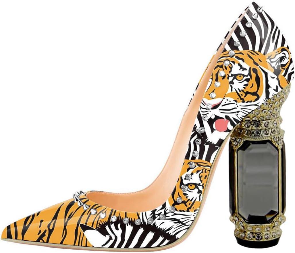 imageFSJ Women Bridal Pointed Toe Chunky Block High Heel Crystal Pumps Slip on Wedding Thick Comfort Evening Dress Studded Rivets ShoesTiger