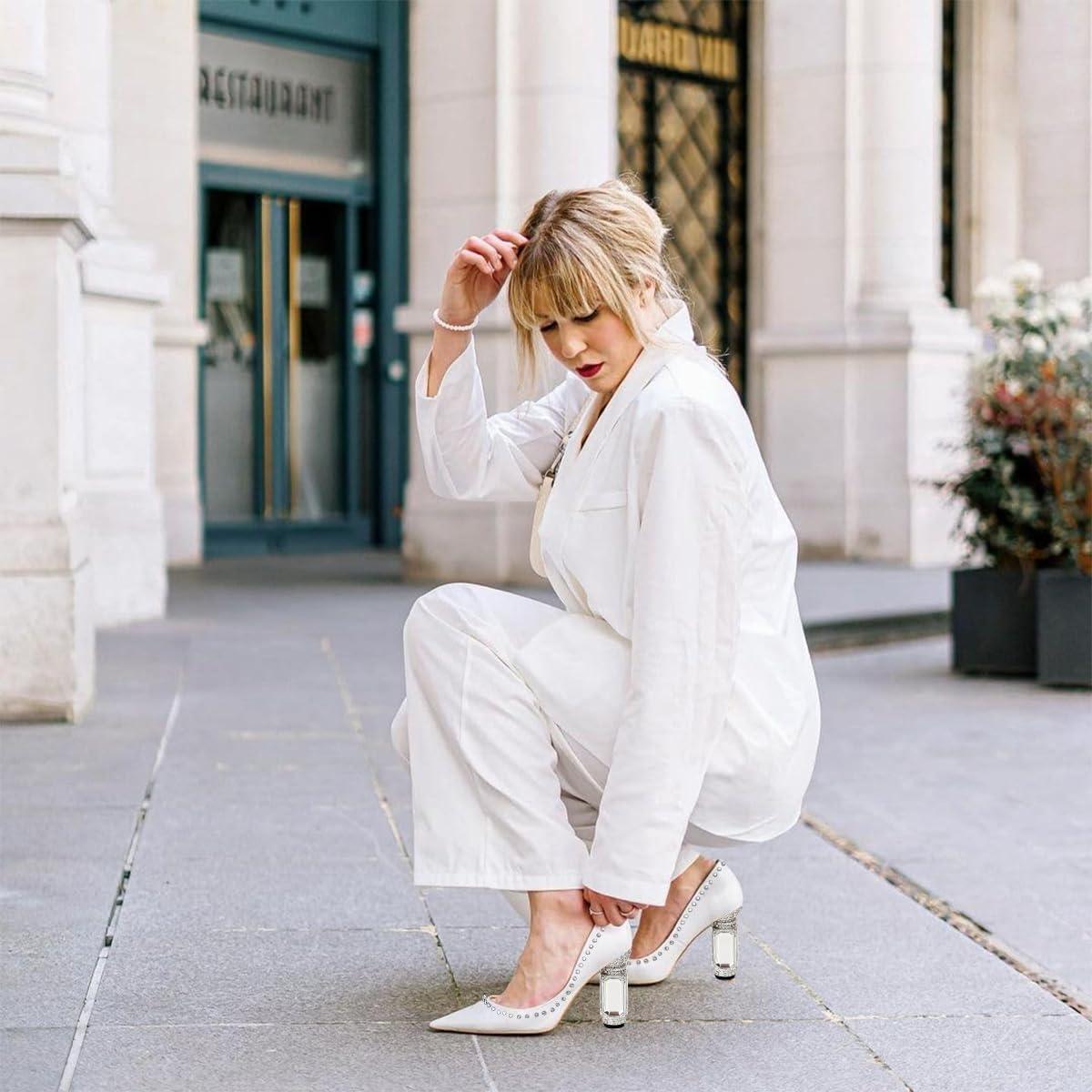 imageFSJ Women Bridal Pointed Toe Chunky Block High Heel Crystal Pumps Slip on Wedding Thick Comfort Evening Dress Studded Rivets ShoesWhite