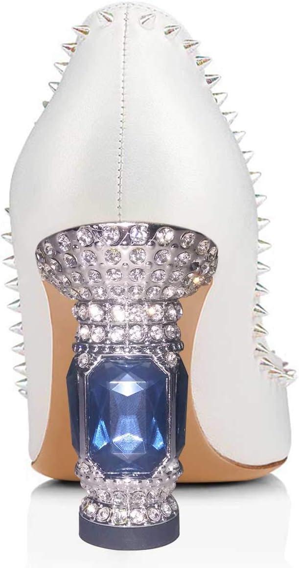 imageFSJ Women Bridal Pointed Toe Chunky Block High Heel Crystal Pumps Slip on Wedding Thick Comfort Evening Dress Studded Rivets ShoesWhitepu 10cm