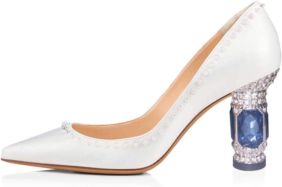 imageFSJ Women Bridal Pointed Toe Chunky Block High Heel Crystal Pumps Slip on Wedding Thick Comfort Evening Dress Studded Rivets ShoesWhitepu 10cm