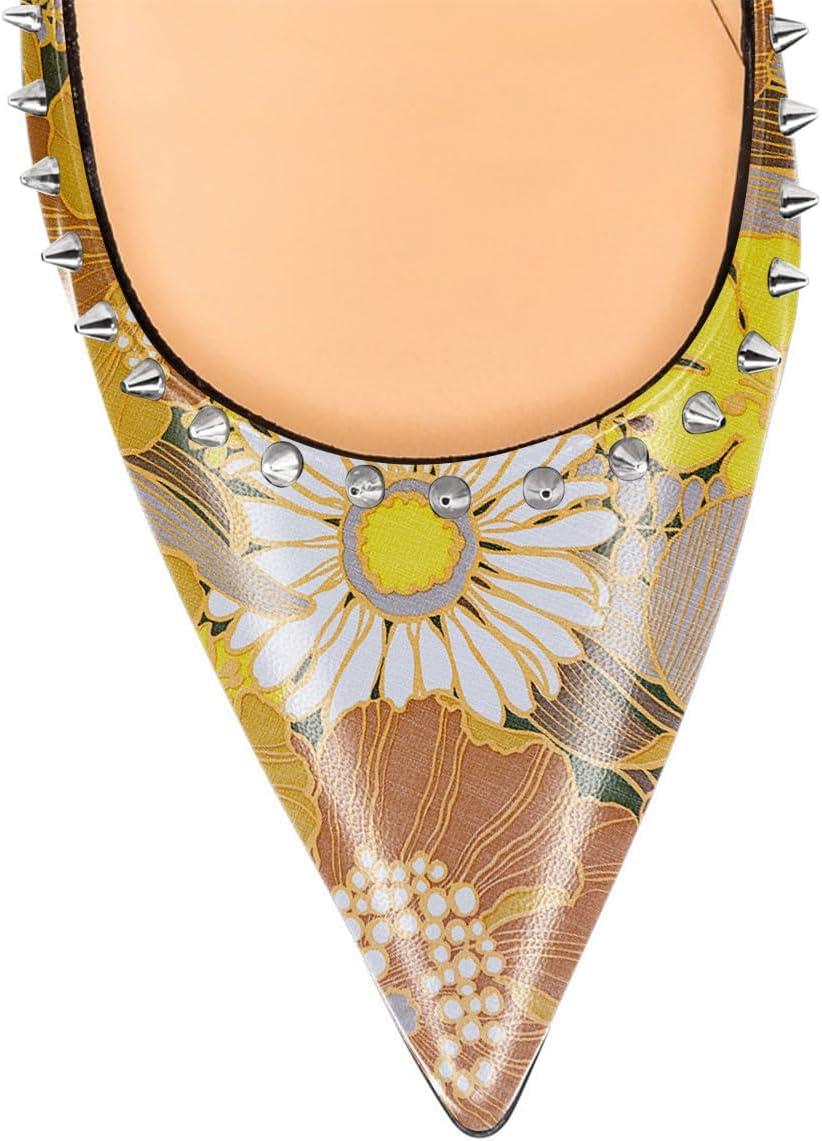 imageFSJ Women Bridal Pointed Toe Chunky Block High Heel Crystal Pumps Slip on Wedding Thick Comfort Evening Dress Studded Rivets ShoesYellow Flower