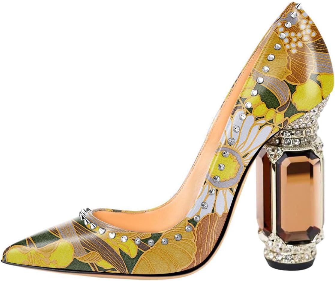 imageFSJ Women Bridal Pointed Toe Chunky Block High Heel Crystal Pumps Slip on Wedding Thick Comfort Evening Dress Studded Rivets ShoesYellow Flower
