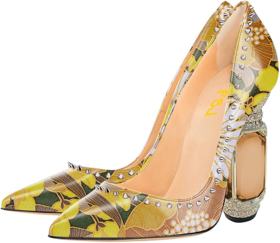 imageFSJ Women Bridal Pointed Toe Chunky Block High Heel Crystal Pumps Slip on Wedding Thick Comfort Evening Dress Studded Rivets ShoesYellow Flower