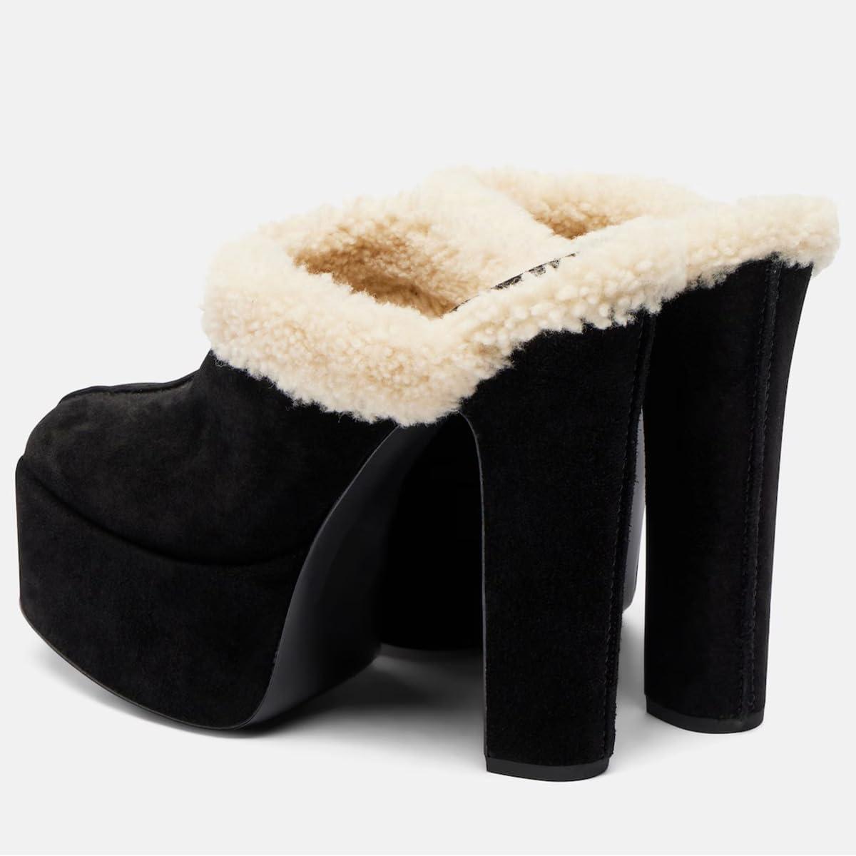 imageFSJ Women Comfort Platform Mules with Shearling Trim Suede Closed Round Toe Chunky High Heel Slip On Fashion Clogs Size 416 USBlack