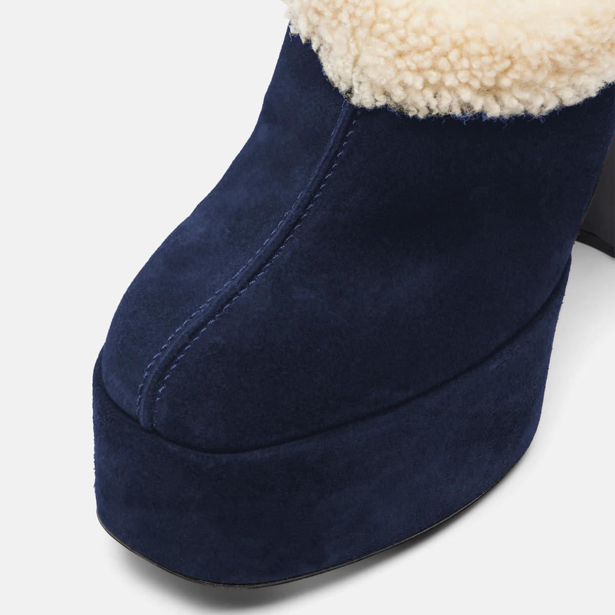 imageFSJ Women Comfort Platform Mules with Shearling Trim Suede Closed Round Toe Chunky High Heel Slip On Fashion Clogs Size 416 USBlue