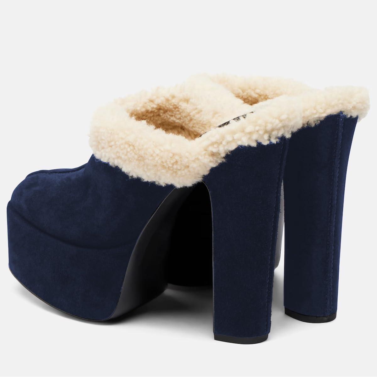 imageFSJ Women Comfort Platform Mules with Shearling Trim Suede Closed Round Toe Chunky High Heel Slip On Fashion Clogs Size 416 USBlue