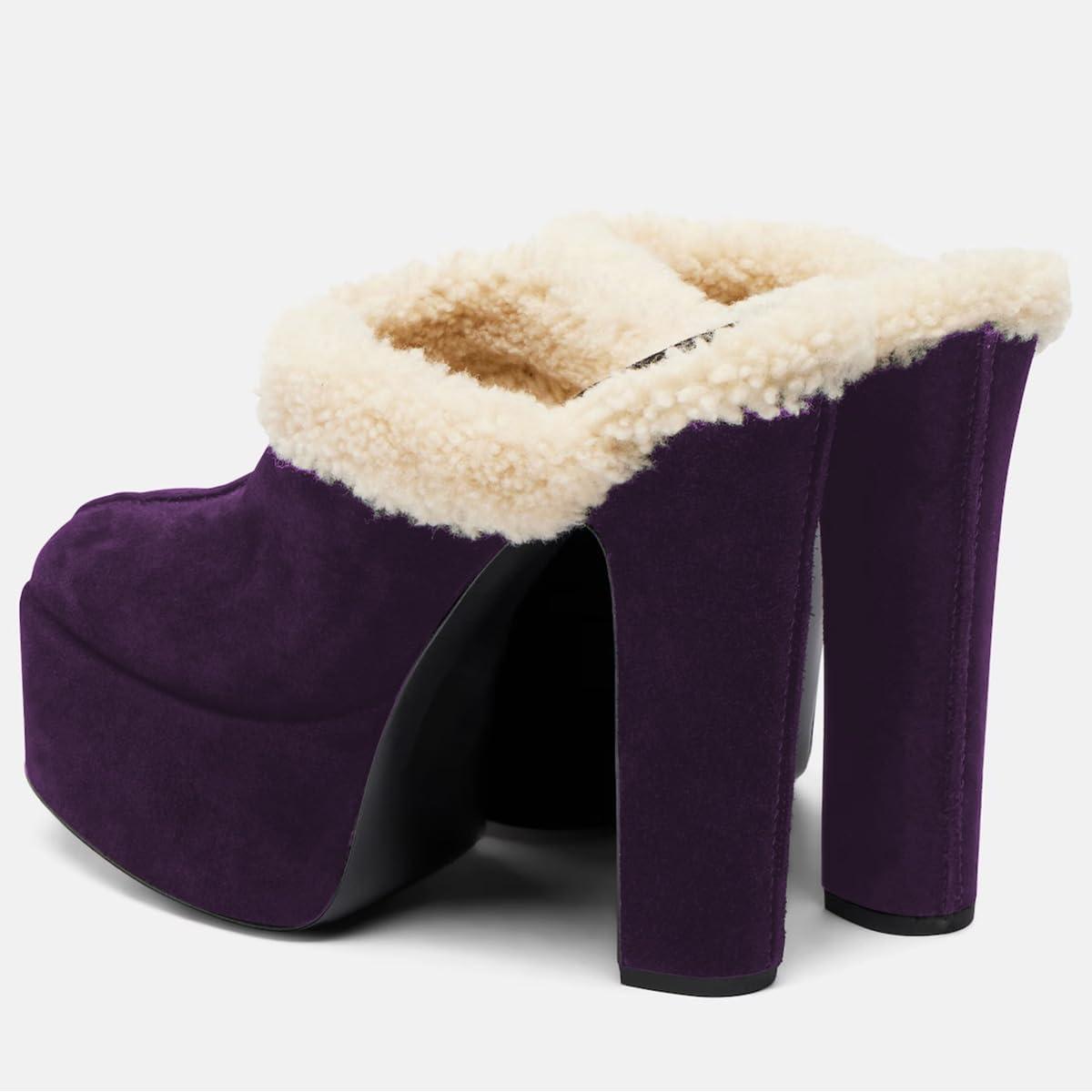 imageFSJ Women Comfort Platform Mules with Shearling Trim Suede Closed Round Toe Chunky High Heel Slip On Fashion Clogs Size 416 USPurple