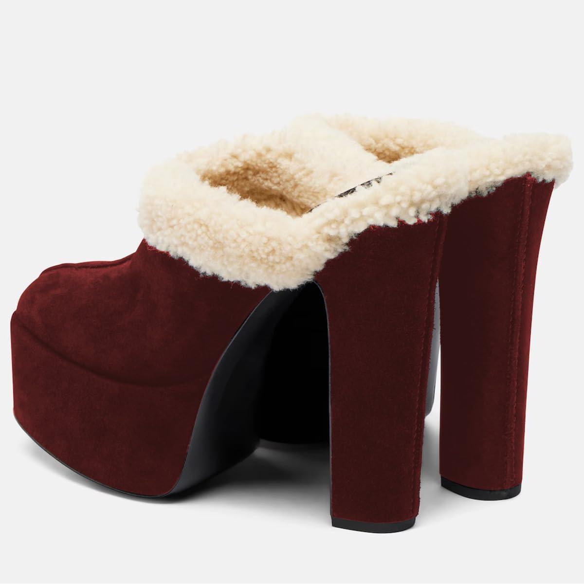 imageFSJ Women Comfort Platform Mules with Shearling Trim Suede Closed Round Toe Chunky High Heel Slip On Fashion Clogs Size 416 USRed