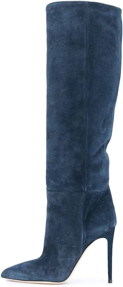 imageFSJ Women Comfy High Stiletto Heel Knee High Long Boots Closed Pointed Toe Pull On Classic Party Stretch Shoes Size 415 USDark Blue