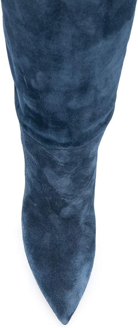 imageFSJ Women Comfy High Stiletto Heel Knee High Long Boots Closed Pointed Toe Pull On Classic Party Stretch Shoes Size 415 USDark Blue