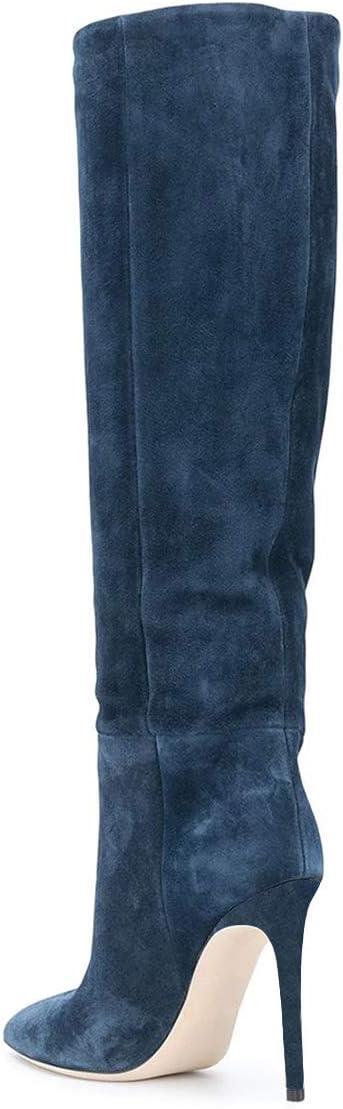 imageFSJ Women Comfy High Stiletto Heel Knee High Long Boots Closed Pointed Toe Pull On Classic Party Stretch Shoes Size 415 USDark Blue