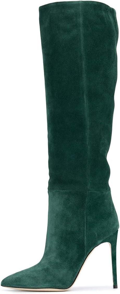 imageFSJ Women Comfy High Stiletto Heel Knee High Long Boots Closed Pointed Toe Pull On Classic Party Stretch Shoes Size 415 USTeal