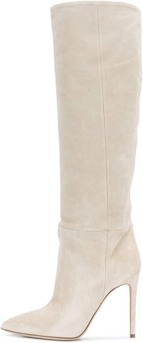 imageFSJ Women Comfy High Stiletto Heel Knee High Long Boots Closed Pointed Toe Pull On Classic Party Stretch Shoes Size 415 USWhite