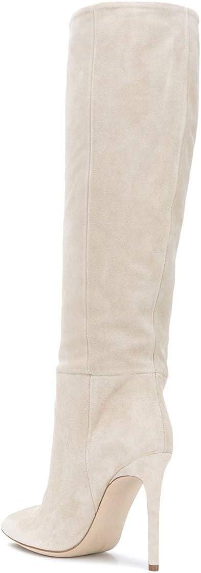 imageFSJ Women Comfy High Stiletto Heel Knee High Long Boots Closed Pointed Toe Pull On Classic Party Stretch Shoes Size 415 USWhite