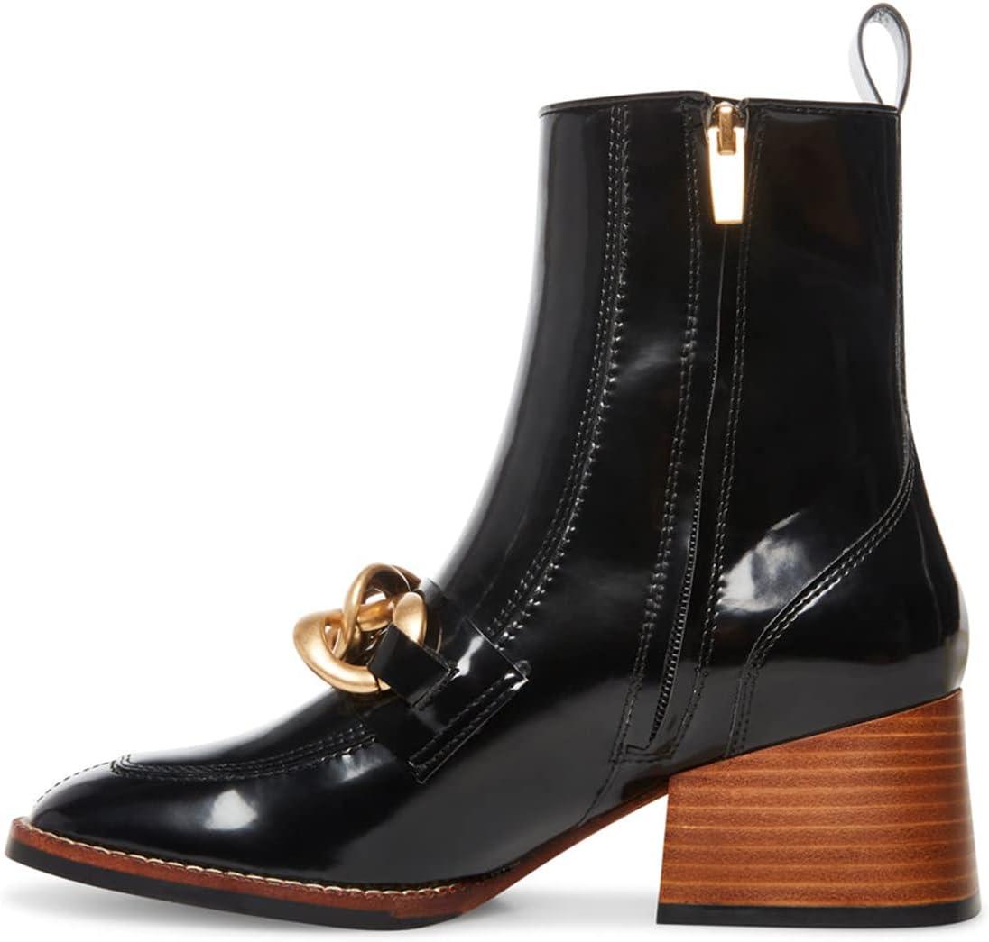 imageFSJ Women Fashion Chain Square Toe Block Mid Heel Ankle Boots Classic Side Zipper Casual Walking Ladies Shoes Size 415 USBlack