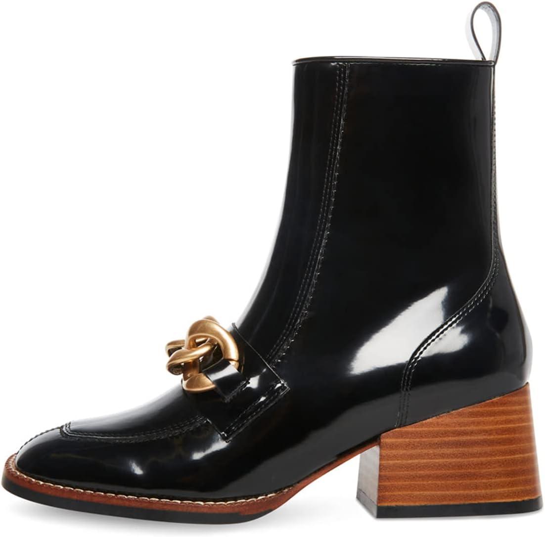 imageFSJ Women Fashion Chain Square Toe Block Mid Heel Ankle Boots Classic Side Zipper Casual Walking Ladies Shoes Size 415 USBlack