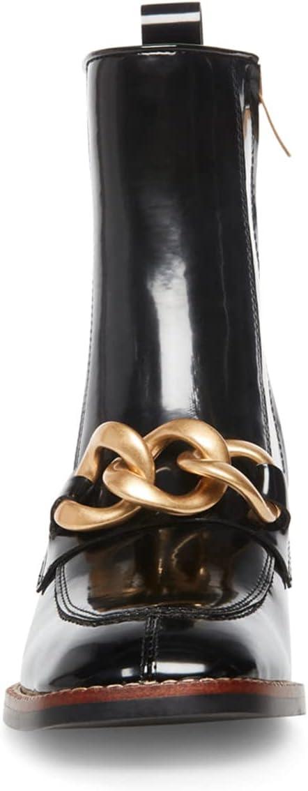 imageFSJ Women Fashion Chain Square Toe Block Mid Heel Ankle Boots Classic Side Zipper Casual Walking Ladies Shoes Size 415 USBlack