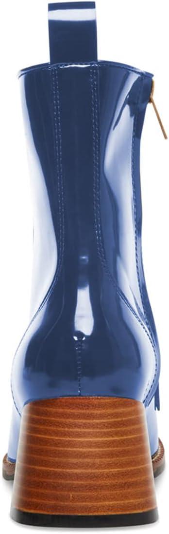 imageFSJ Women Fashion Chain Square Toe Block Mid Heel Ankle Boots Classic Side Zipper Casual Walking Ladies Shoes Size 415 USBlue