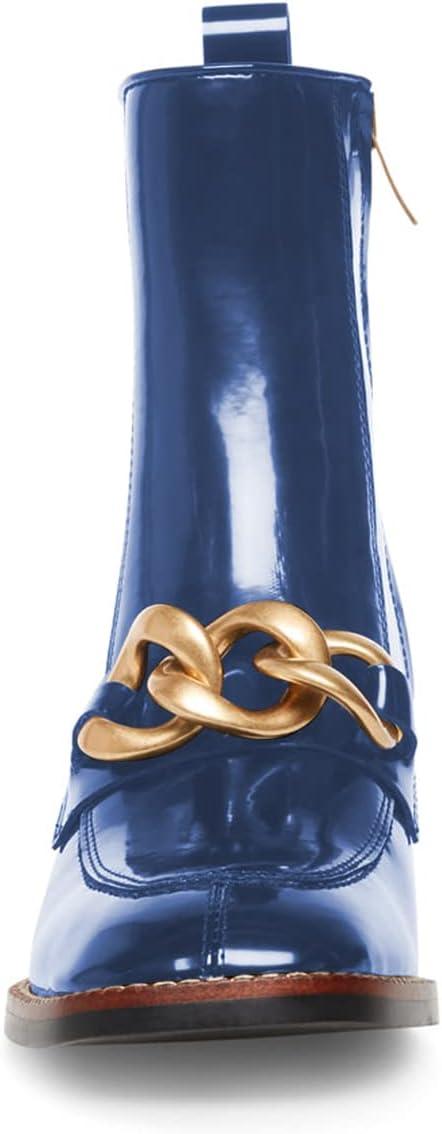 imageFSJ Women Fashion Chain Square Toe Block Mid Heel Ankle Boots Classic Side Zipper Casual Walking Ladies Shoes Size 415 USBlue