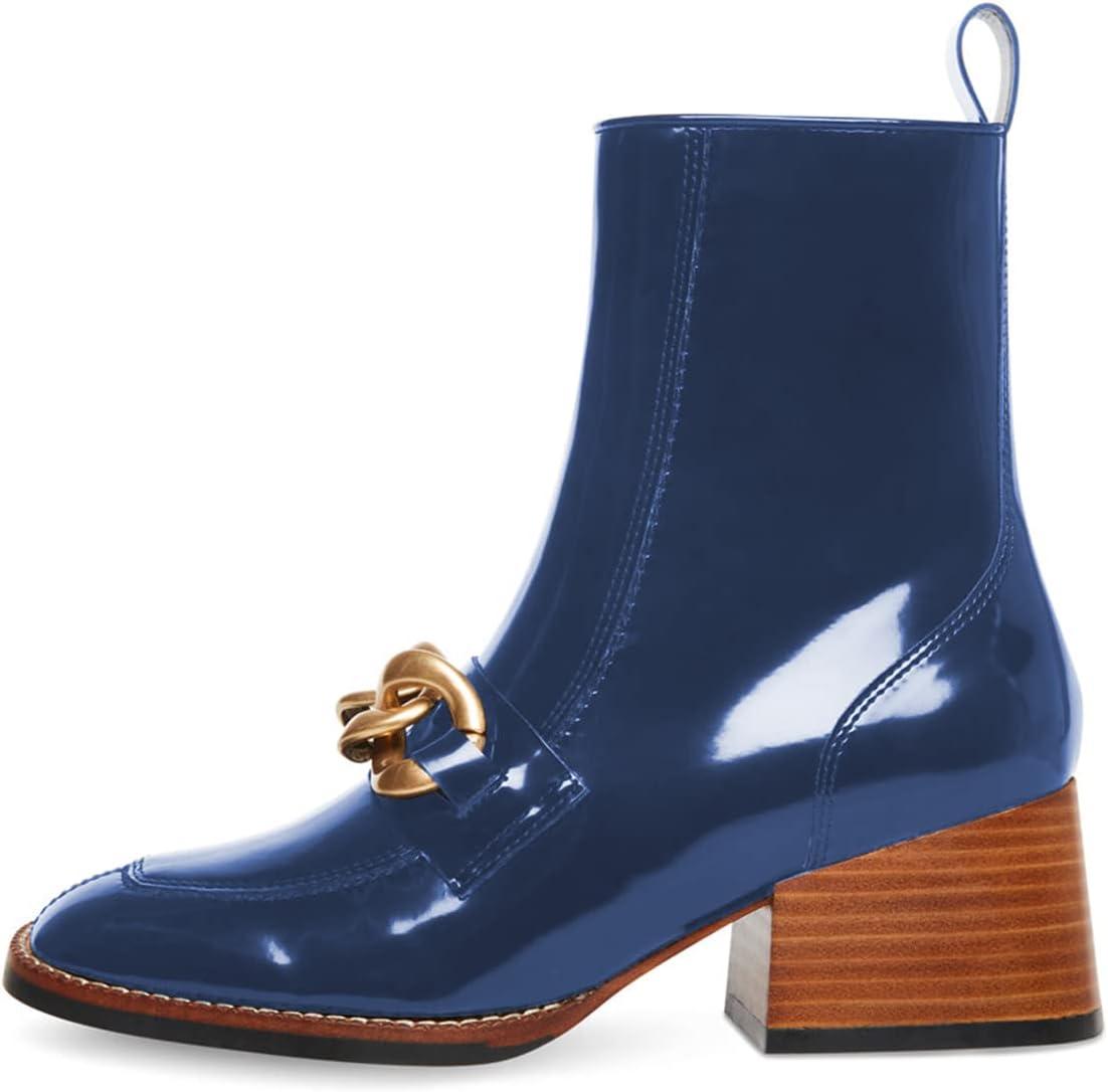 imageFSJ Women Fashion Chain Square Toe Block Mid Heel Ankle Boots Classic Side Zipper Casual Walking Ladies Shoes Size 415 USBlue