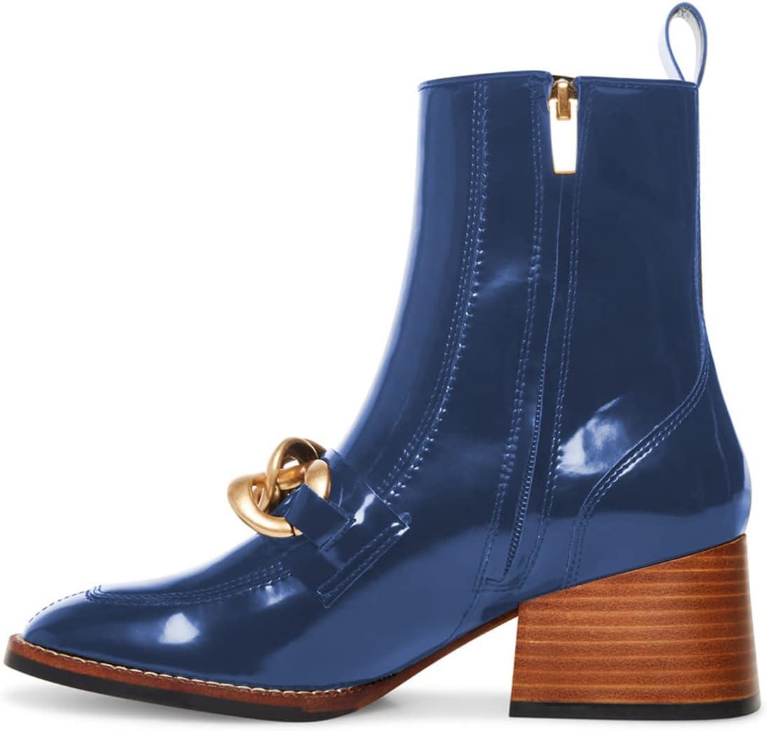 imageFSJ Women Fashion Chain Square Toe Block Mid Heel Ankle Boots Classic Side Zipper Casual Walking Ladies Shoes Size 415 USBlue