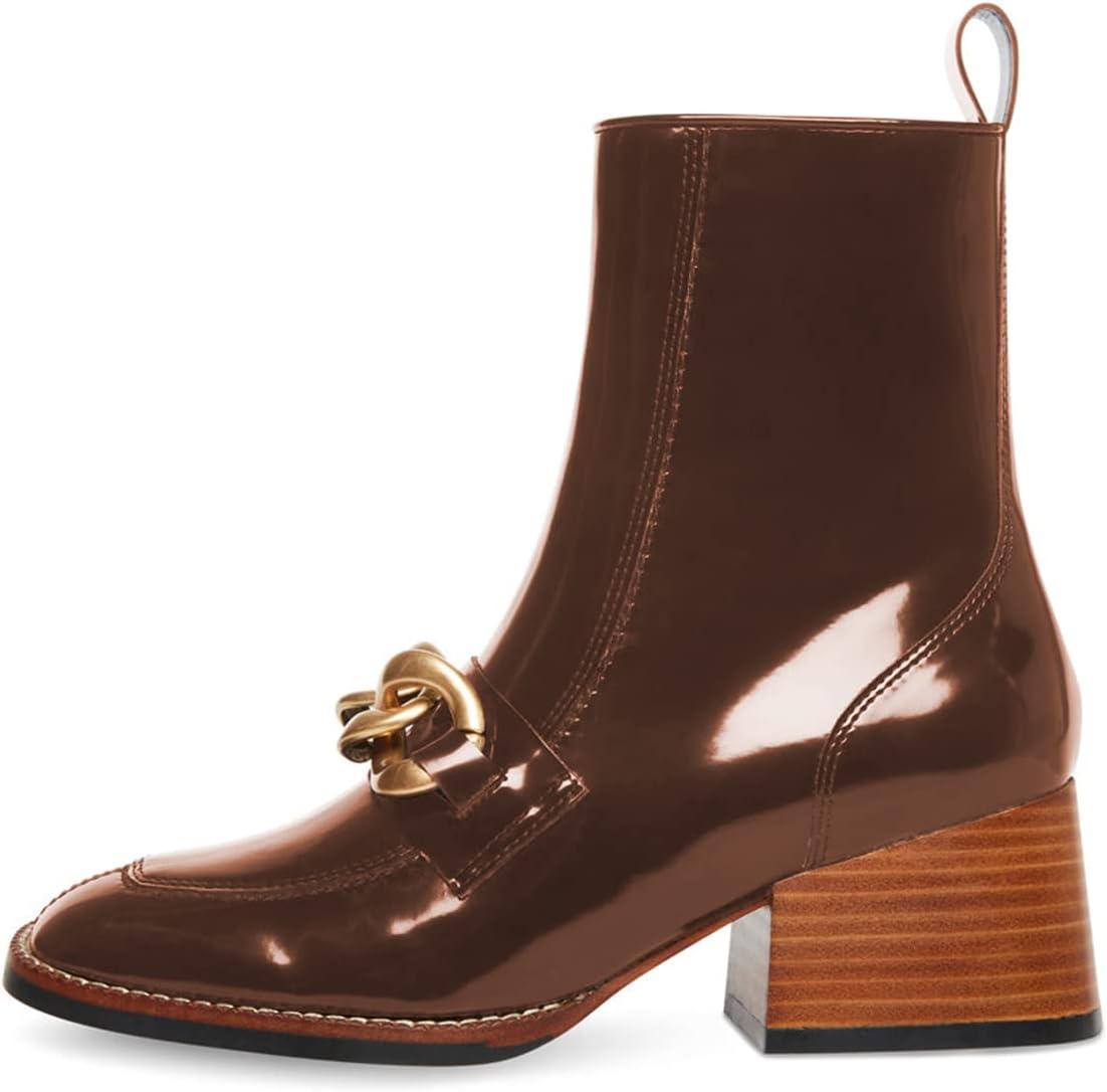 imageFSJ Women Fashion Chain Square Toe Block Mid Heel Ankle Boots Classic Side Zipper Casual Walking Ladies Shoes Size 415 USBrown