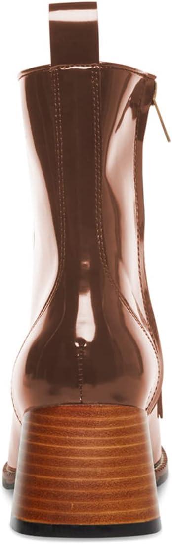 imageFSJ Women Fashion Chain Square Toe Block Mid Heel Ankle Boots Classic Side Zipper Casual Walking Ladies Shoes Size 415 USBrown