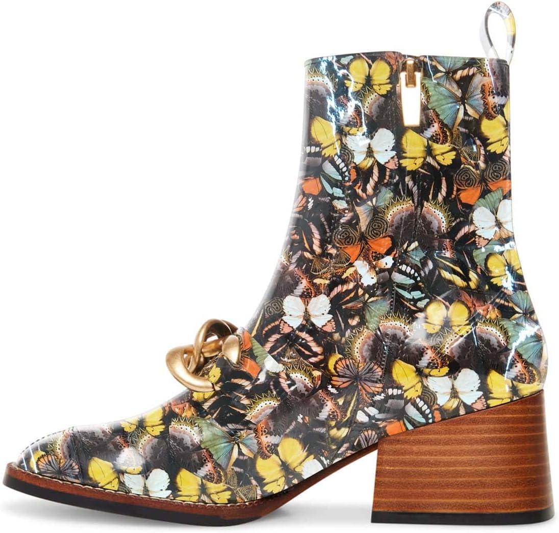 imageFSJ Women Fashion Chain Square Toe Block Mid Heel Ankle Boots Classic Side Zipper Casual Walking Ladies Shoes Size 415 USButterfly