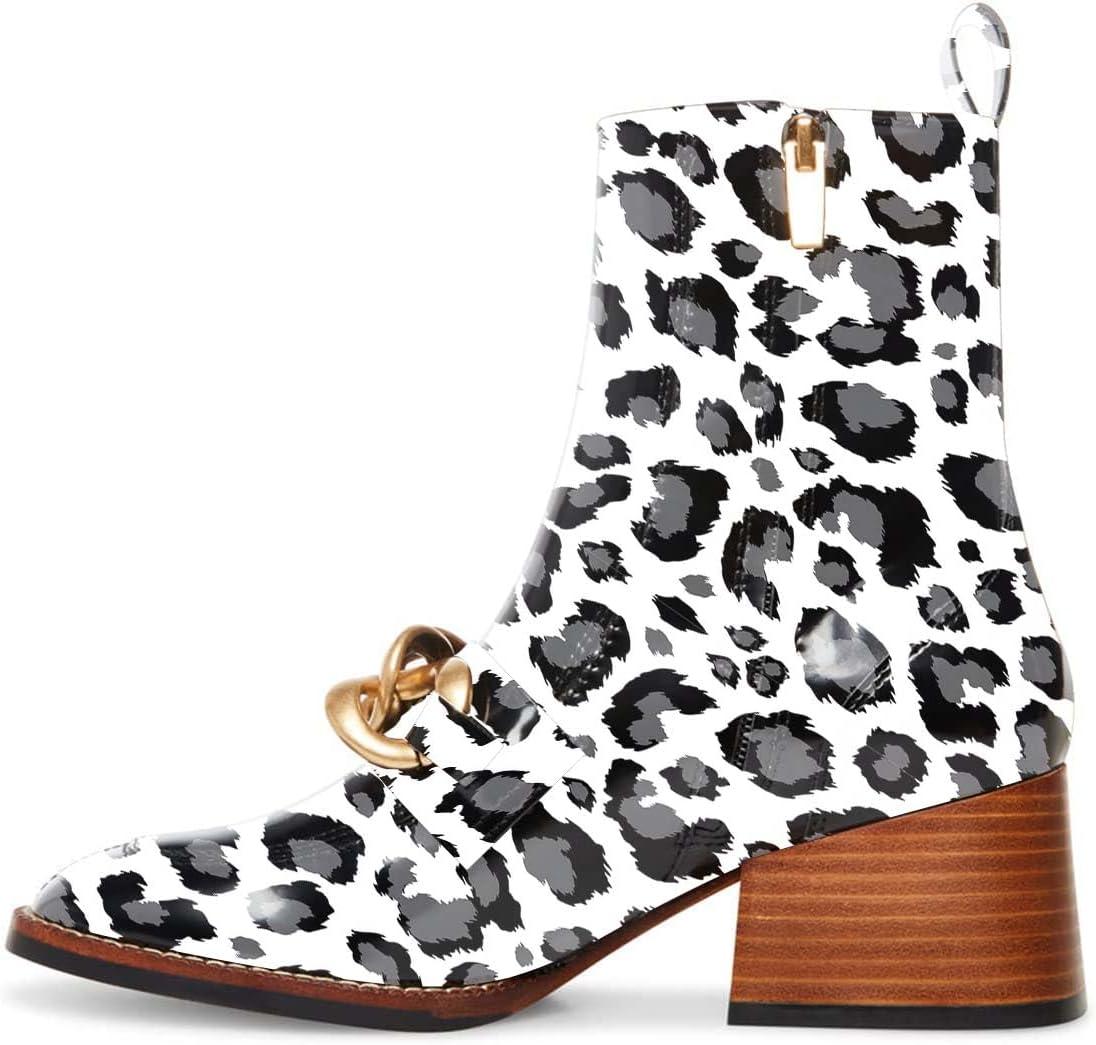 imageFSJ Women Fashion Chain Square Toe Block Mid Heel Ankle Boots Classic Side Zipper Casual Walking Ladies Shoes Size 415 USCow