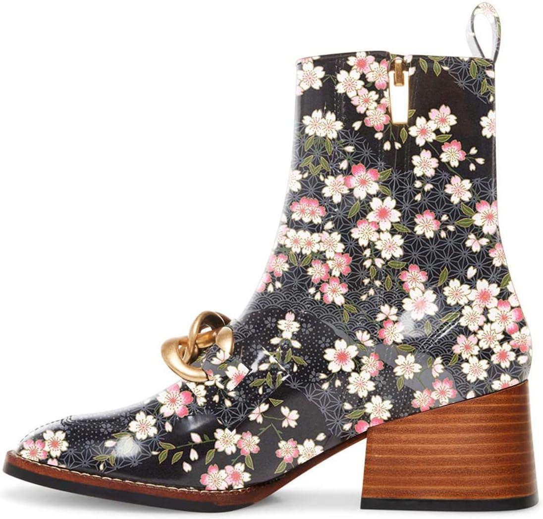 imageFSJ Women Fashion Chain Square Toe Block Mid Heel Ankle Boots Classic Side Zipper Casual Walking Ladies Shoes Size 415 USFlower