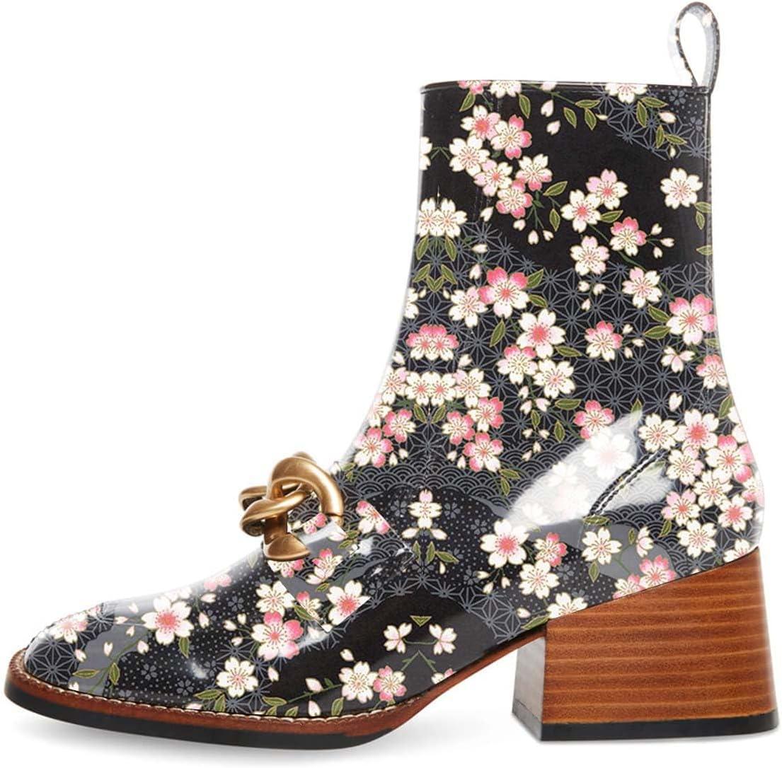 imageFSJ Women Fashion Chain Square Toe Block Mid Heel Ankle Boots Classic Side Zipper Casual Walking Ladies Shoes Size 415 USFlower