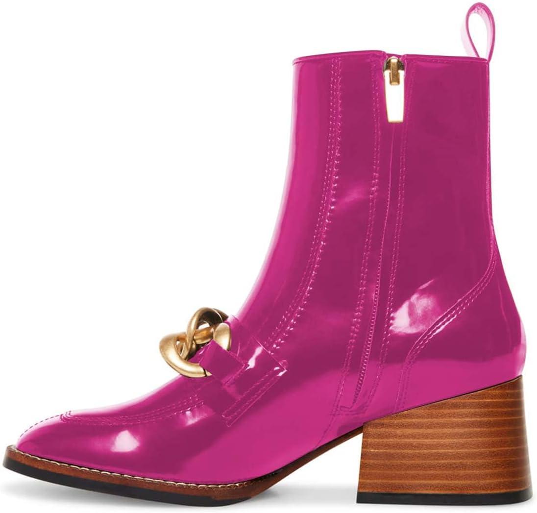 imageFSJ Women Fashion Chain Square Toe Block Mid Heel Ankle Boots Classic Side Zipper Casual Walking Ladies Shoes Size 415 USFuchsia