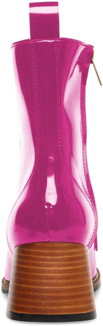 imageFSJ Women Fashion Chain Square Toe Block Mid Heel Ankle Boots Classic Side Zipper Casual Walking Ladies Shoes Size 415 USFuchsia