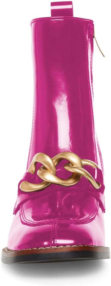 imageFSJ Women Fashion Chain Square Toe Block Mid Heel Ankle Boots Classic Side Zipper Casual Walking Ladies Shoes Size 415 USFuchsia