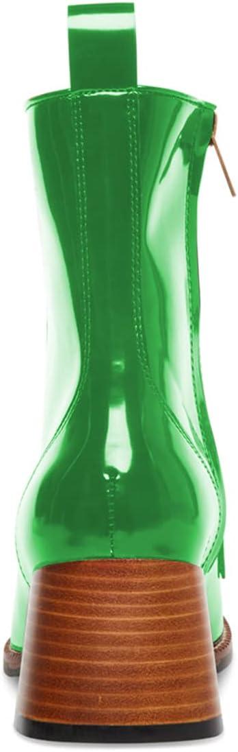 imageFSJ Women Fashion Chain Square Toe Block Mid Heel Ankle Boots Classic Side Zipper Casual Walking Ladies Shoes Size 415 USGreen