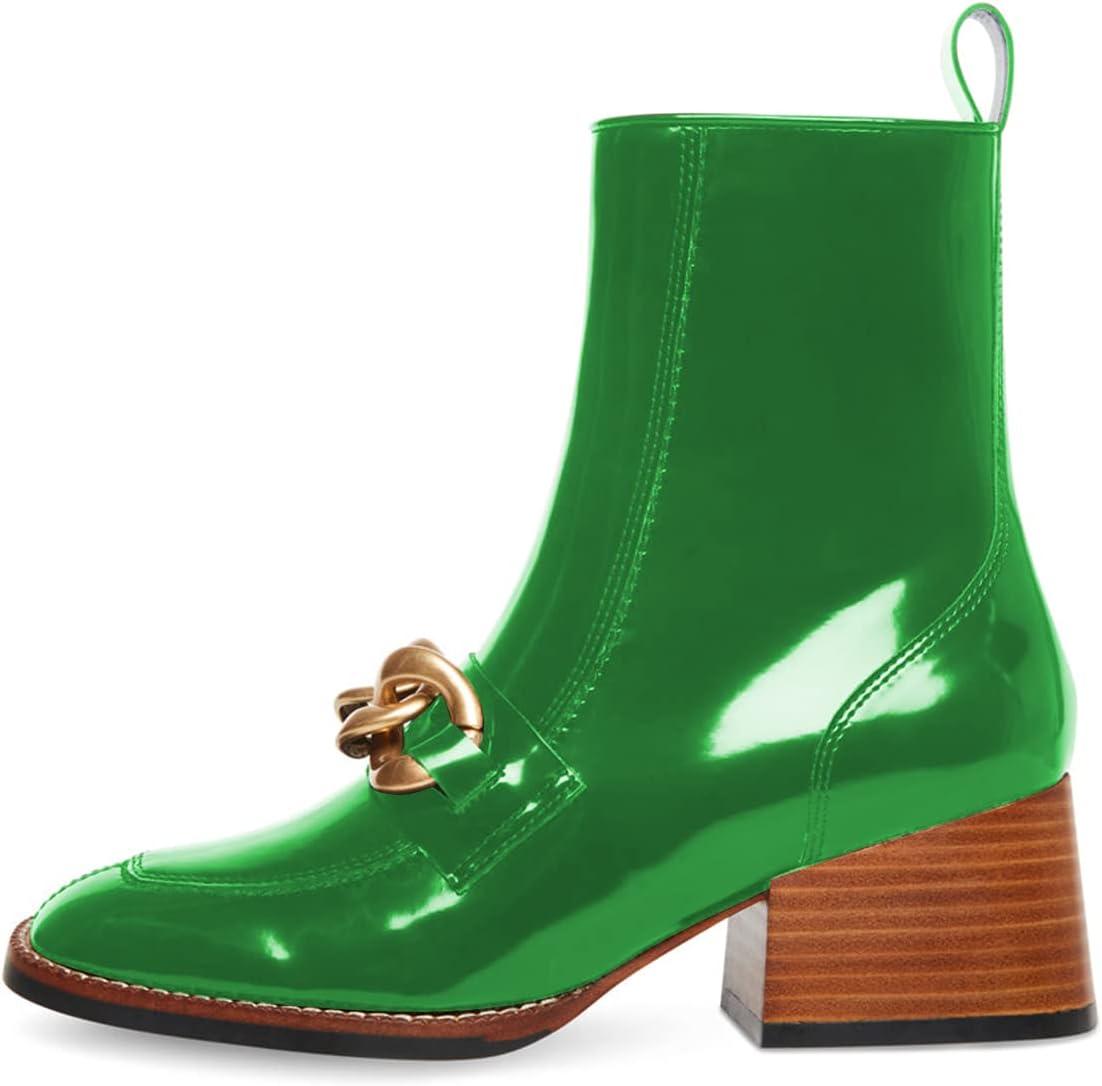 imageFSJ Women Fashion Chain Square Toe Block Mid Heel Ankle Boots Classic Side Zipper Casual Walking Ladies Shoes Size 415 USGreen
