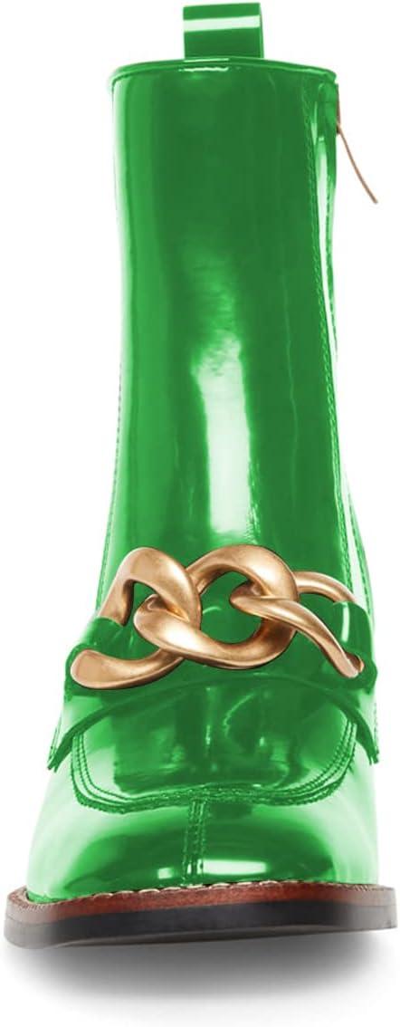 imageFSJ Women Fashion Chain Square Toe Block Mid Heel Ankle Boots Classic Side Zipper Casual Walking Ladies Shoes Size 415 USGreen