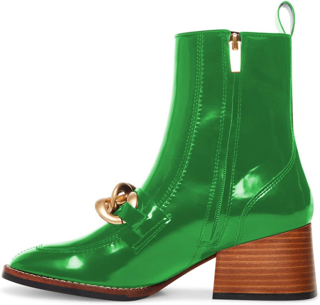 imageFSJ Women Fashion Chain Square Toe Block Mid Heel Ankle Boots Classic Side Zipper Casual Walking Ladies Shoes Size 415 USGreen