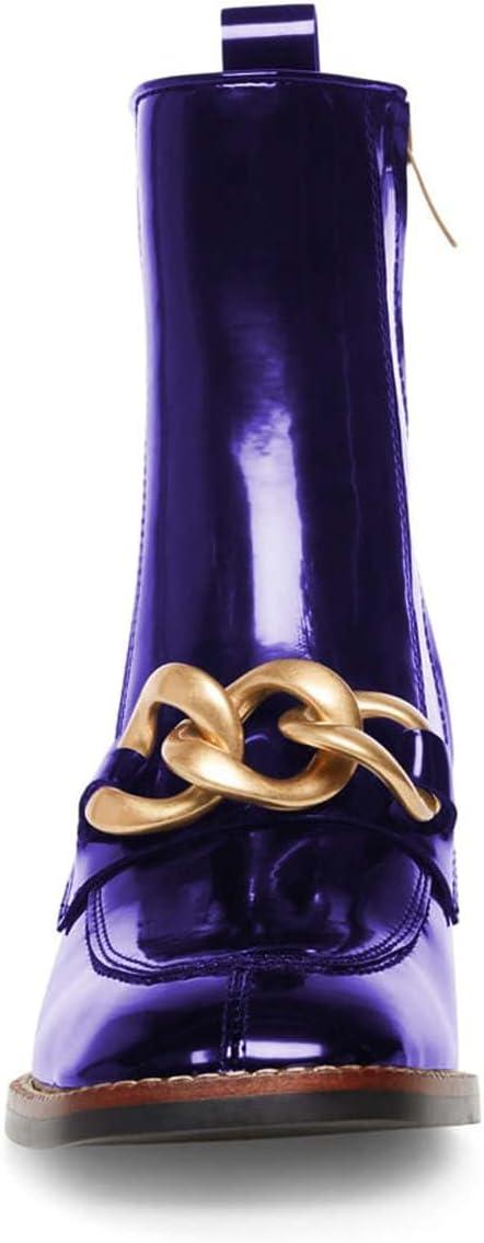 imageFSJ Women Fashion Chain Square Toe Block Mid Heel Ankle Boots Classic Side Zipper Casual Walking Ladies Shoes Size 415 USIndigo