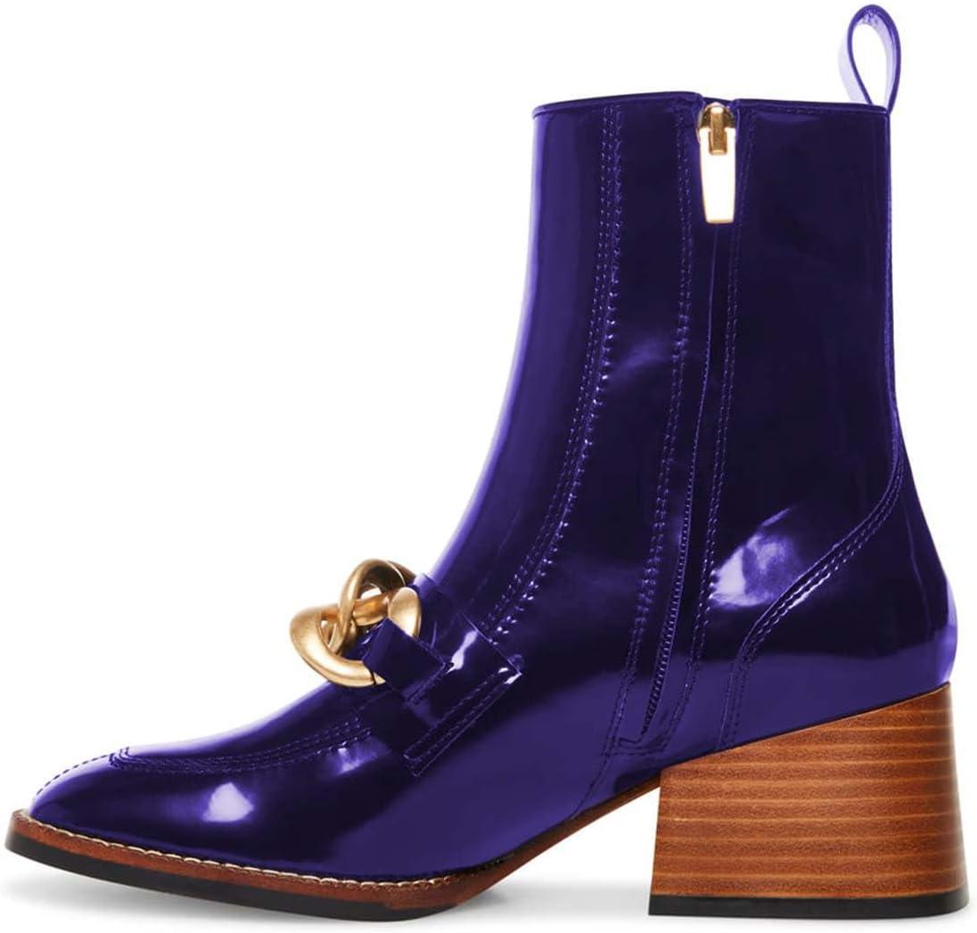 imageFSJ Women Fashion Chain Square Toe Block Mid Heel Ankle Boots Classic Side Zipper Casual Walking Ladies Shoes Size 415 USIndigo